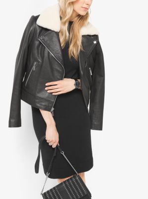 Shearling-Collar Leather Moto Jacket