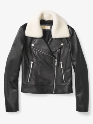 Shearling-Collar Leather Moto Jacket | Michael Kors Canada