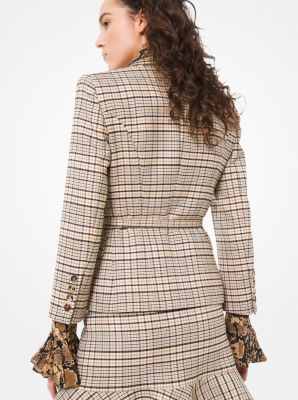 Plaid Stretch-Wool Belted Blazer