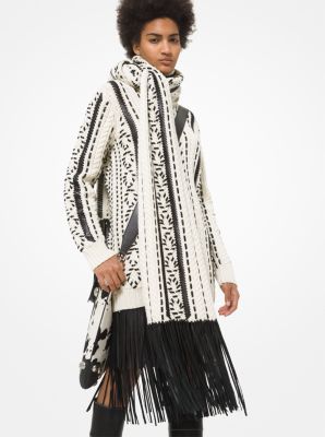 Leather Trim Hand-Knit Aran Cashmere Scarf