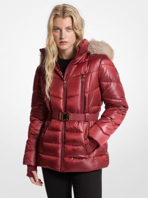 Michael Kors Faux Fur Trim Belted Puffer Jacket In Red