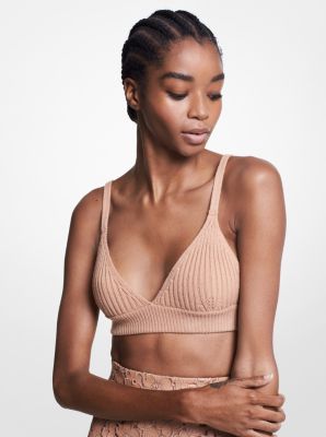 $450 Michael Kors Women's Brown Ribbed Cashmere Bralette Top Size Medium