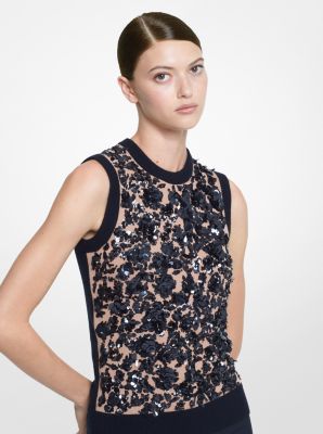 Chaleco de cachemira con bordado floral in TOSTADO SUAVE/NEGRO | Michael Kors