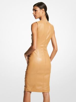 Stretch Plong&eacute; Leather Ruched Sheath Dress