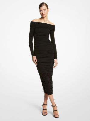 Stretch Matte Jersey Off-The-Shoulder Ruched Dress in BLACK | Michael Kors