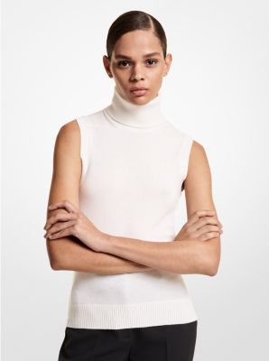 Michael Kors Embroidered Sequin Cashmere Sleeveless Turtleneck Sweater In White