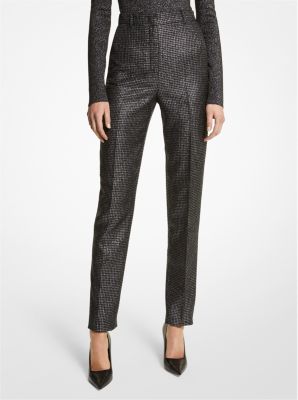 Metallic Dogtooth Wool Blend High-Waisted Trousers