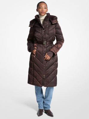 Michael Kors Faux Fur Trim Belted Puffer Coat In Brown