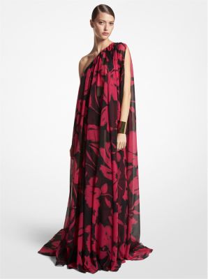 Brushstroke Floral Silk Chiffon One Shoulder Caftan Gown