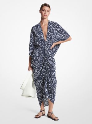 Leopard Silk Crepe De Chine Ruched Caftan in NAVY/OP WHTE | Michael Kors