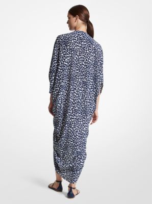 Leopard Silk Crepe De Chine Ruched Caftan in NAVY/OP WHTE | Michael Kors
