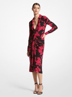 Brushstroke Floral Silk Crepe De Chine Plunge Shirtdress | Michael