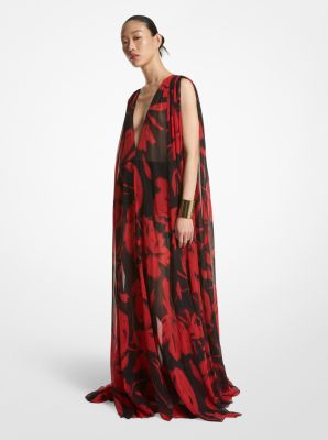 Brushstroke Floral Silk Chiffon V-Neck Caftan Gown | Michael Kors