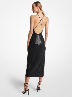 Hand-Embroidered Sequin Stretch Jersey Cascade Dress image number 1