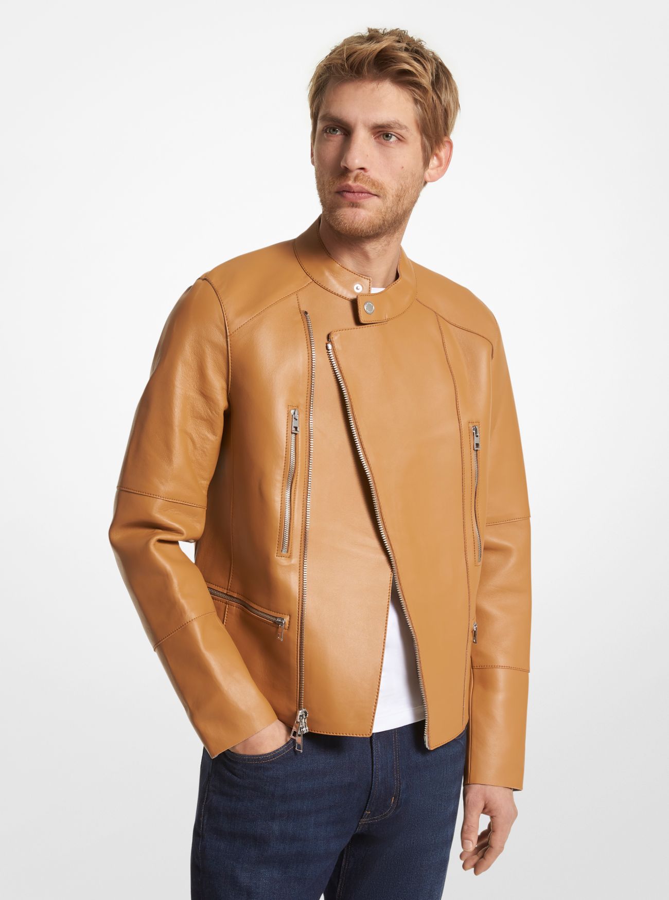 MK Nappa Leather Moto Jacket - Brown - Michael Kors