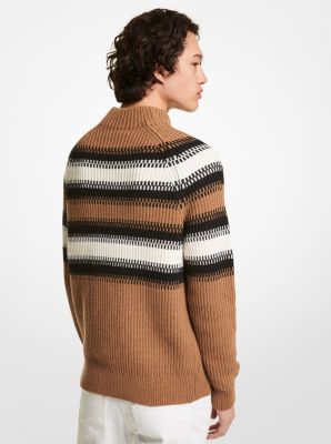 Mock-Neck Striped Ribbed Knit Sweater in HUSK MELANGE | Michael Kors