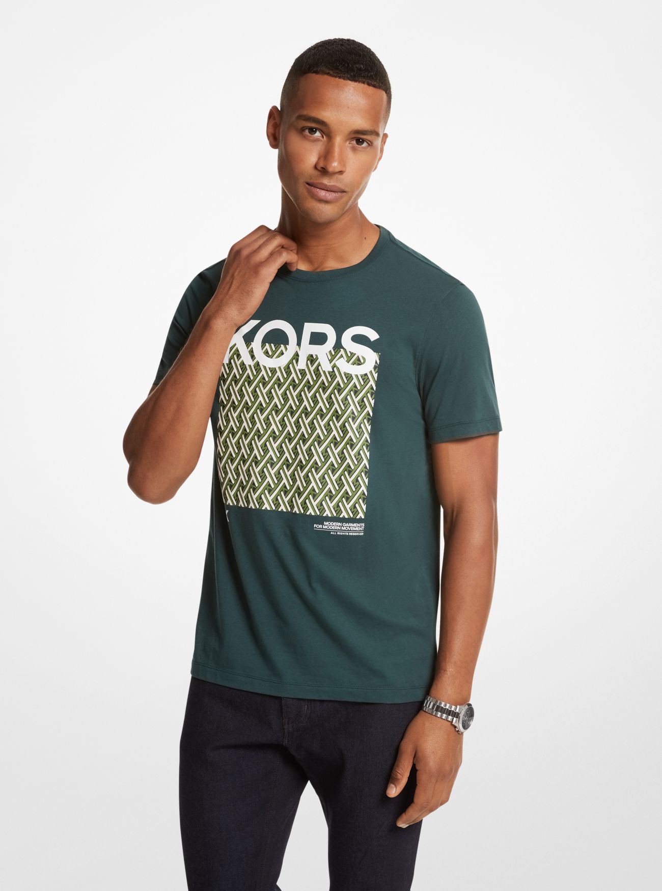MK Lattice Logo Cotton T-Shirt - Green - Michael Kors