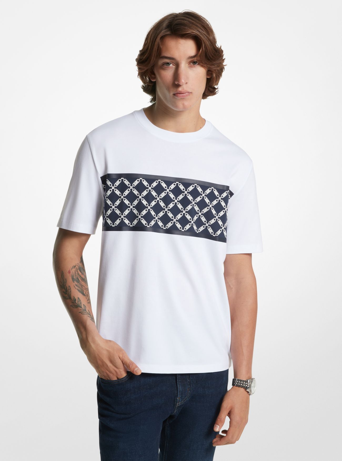 MK Empire Logo Print Cotton T-Shirt - White - Michael Kors