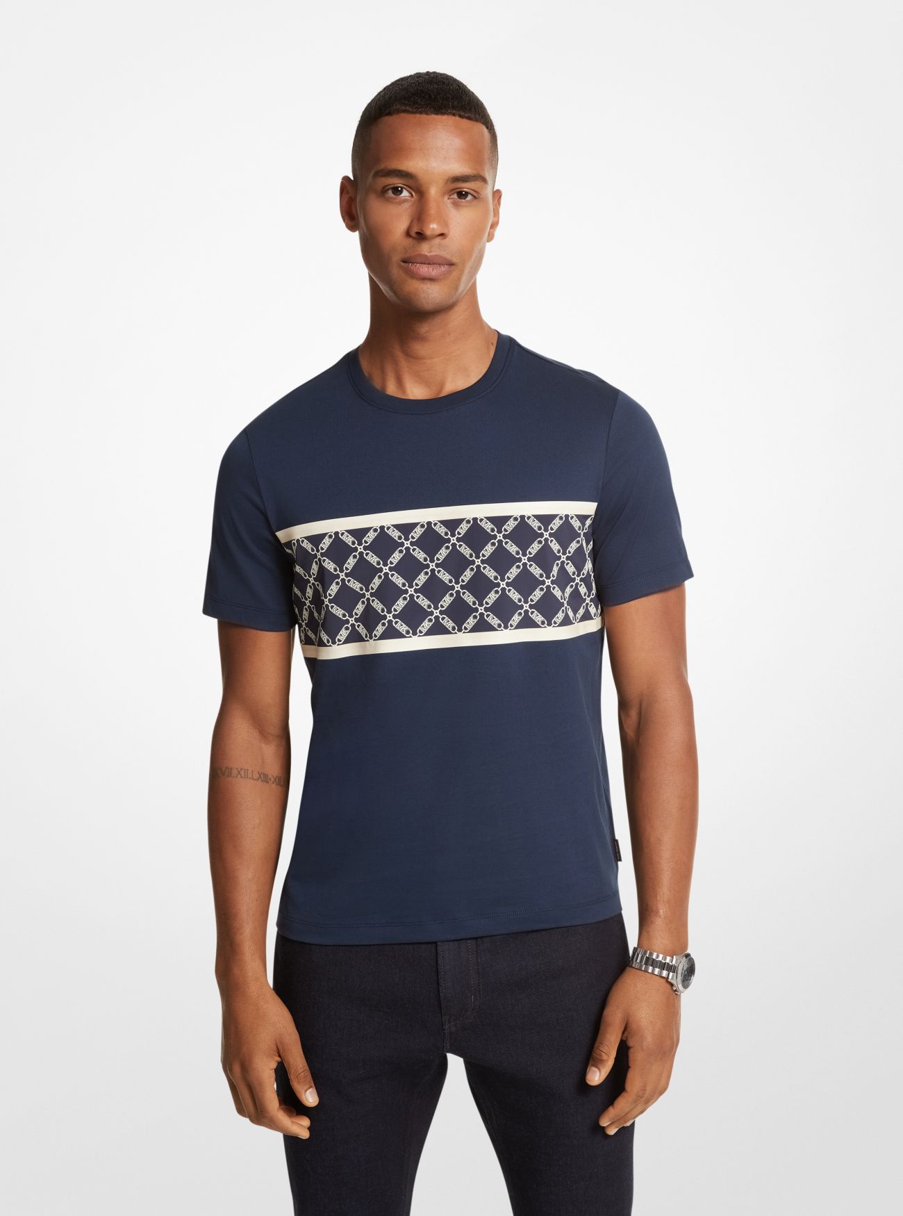 MK Empire Logo Print Cotton T-Shirt - Blue - Michael Kors