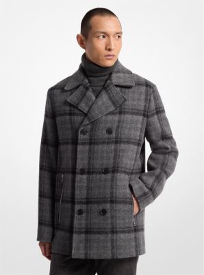 Plaid Textured Wool Blend Peacoat