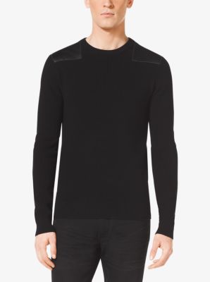 Leather-Trim Wool Sweater in BLACK | Michael Kors