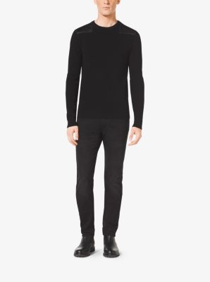 Leather-Trim Wool Sweater in BLACK | Michael Kors