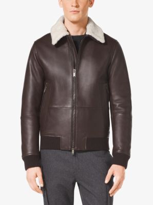 Shearling-Collar Leather Bomber Jacket | Michael Kors