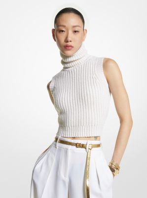 Cashmere Cropped Turtleneck Tank Top in OPTIC WHITE | Michael Kors