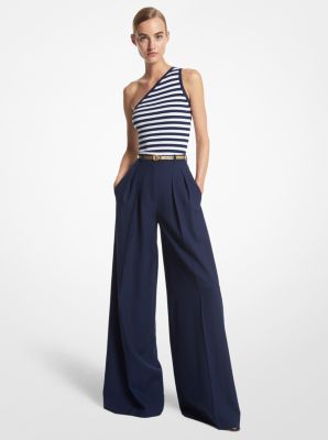 Striped Ribbed Stretch Viscose One-Shoulder Tank in NAVY/WHITE | Michael Kors