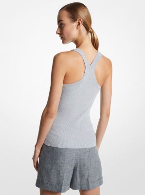 Metallic Ribbed Stretch Viscose Tank Top in SILVER | Michael Kors