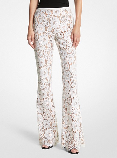 Cotton Blend Floral Lace Flared Trousers