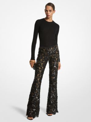 Hand-Embroidered Paillette Floral Lace Pants