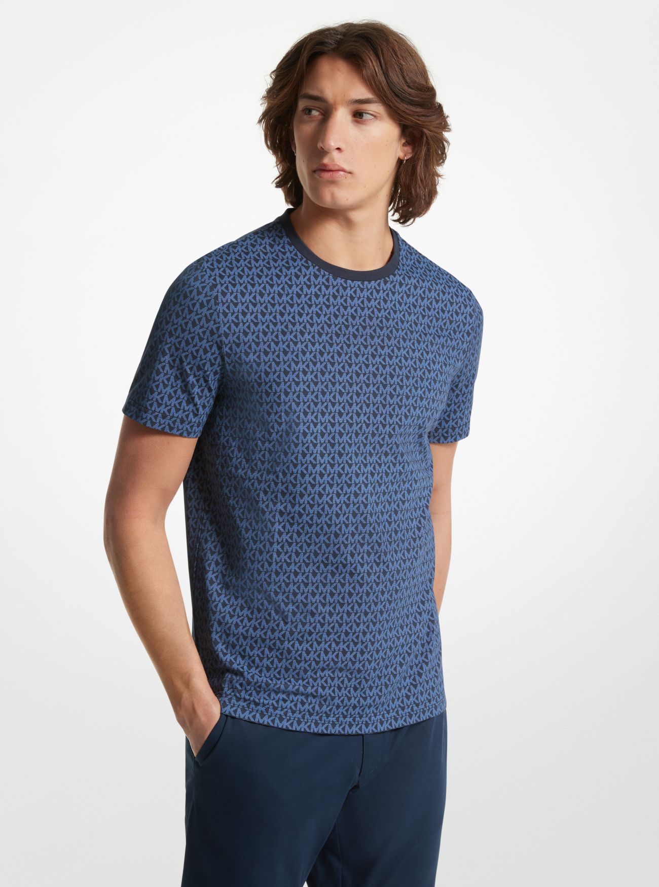 MK Signature Logo Print Cotton T-Shirt - Blue - Michael Kors