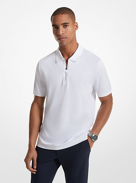 Michael Kors Striped Tech Performance Zip-up Polo Shirt In White