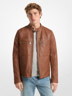 Leather Double-Zip Racer Jacket in LUGGAGE | Michael Kors
