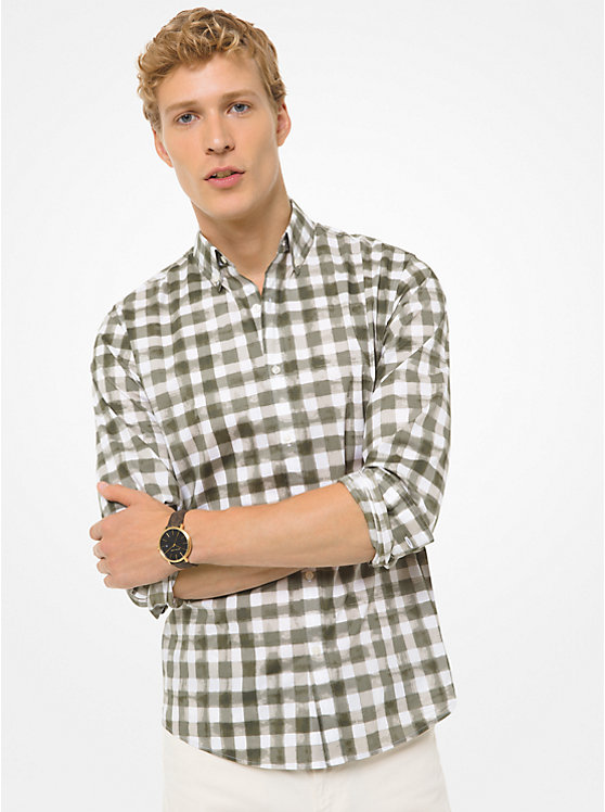 Slim-Fit Painterly Check Stretch-Cotton Shirt image number 0
