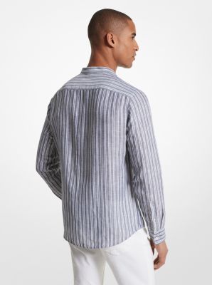 Men's White Blue Stripe Linen-Blend Shirt