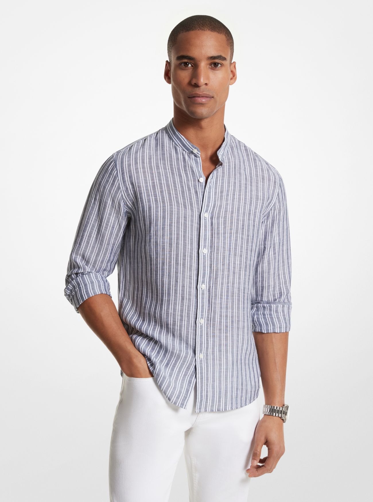 MK Striped Linen Blend Shirt - Blue - Michael Kors