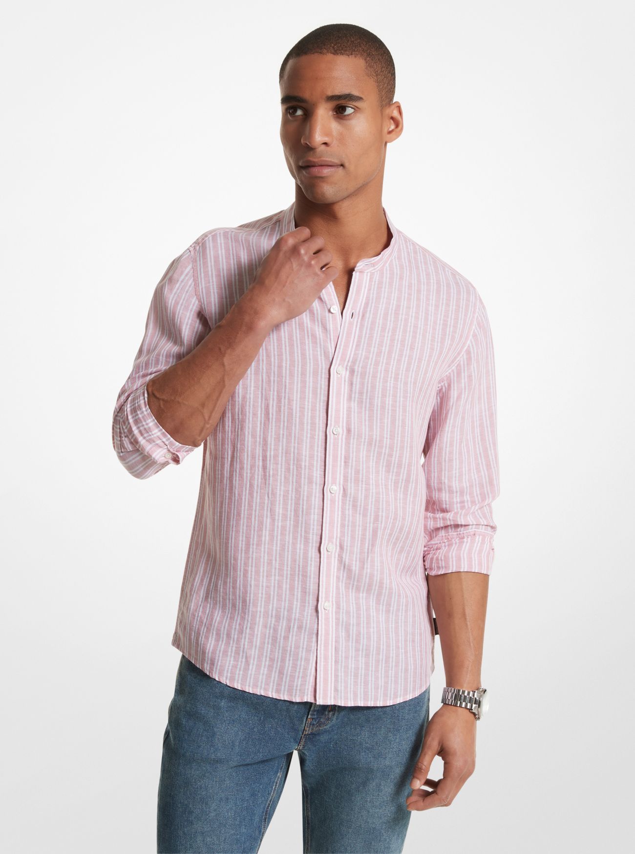 MK Striped Linen Blend Shirt - Pink - Michael Kors