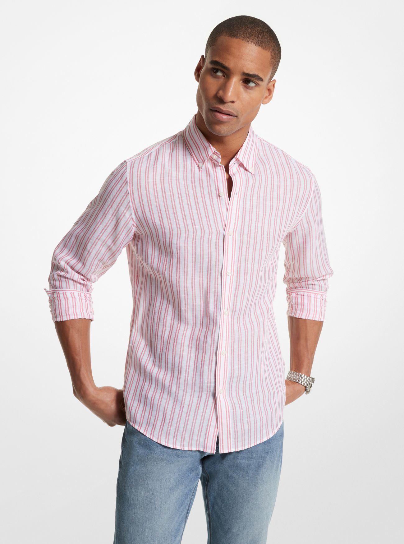 MK Striped Linen Blend Shirt - Pink - Michael Kors