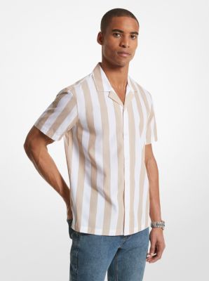 Camisa de mezcla de algodón a rayas con cuello cubano image number 0