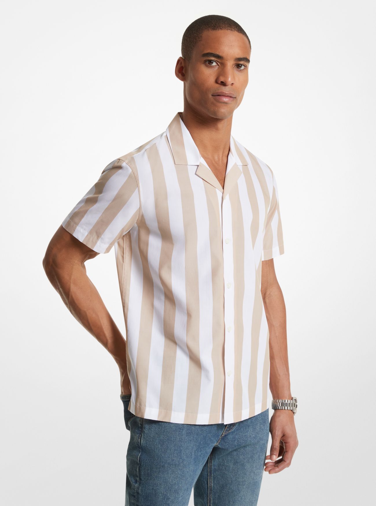 MK Striped Cotton Blend Camp Shirt - Natural - Michael Kors
