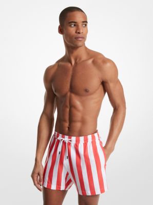 Slim-Fit Mid-Length Logo-Print Striped Swim Shorts