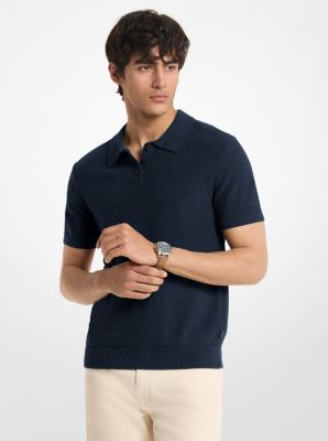 MK Kurzärmliger Bouclé-Pullover Aus Baumwollmischung Mit Polokragen - Blau