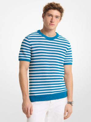 Striped Mesh Cotton Short-Sleeve Sweater