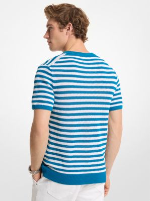 Striped Mesh Cotton Short-Sleeve Sweater in TURQUOISE | Michael Kors