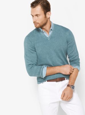 Linen and Cotton V-Neck Sweater | Michael Kors