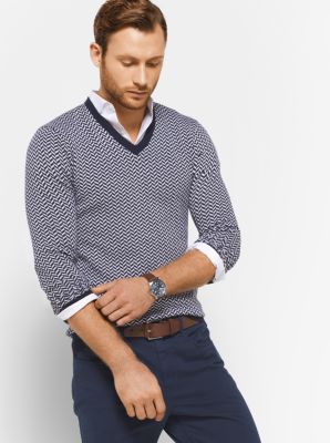 Herringbone Merino Wool V-Neck Pullover