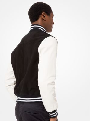 Varsity-style jacket with monogram-embossed leather sleeves