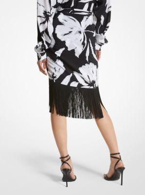 Jupe sarong à franges en crêpe de Chine de soie fleurie effet coups de pinceau